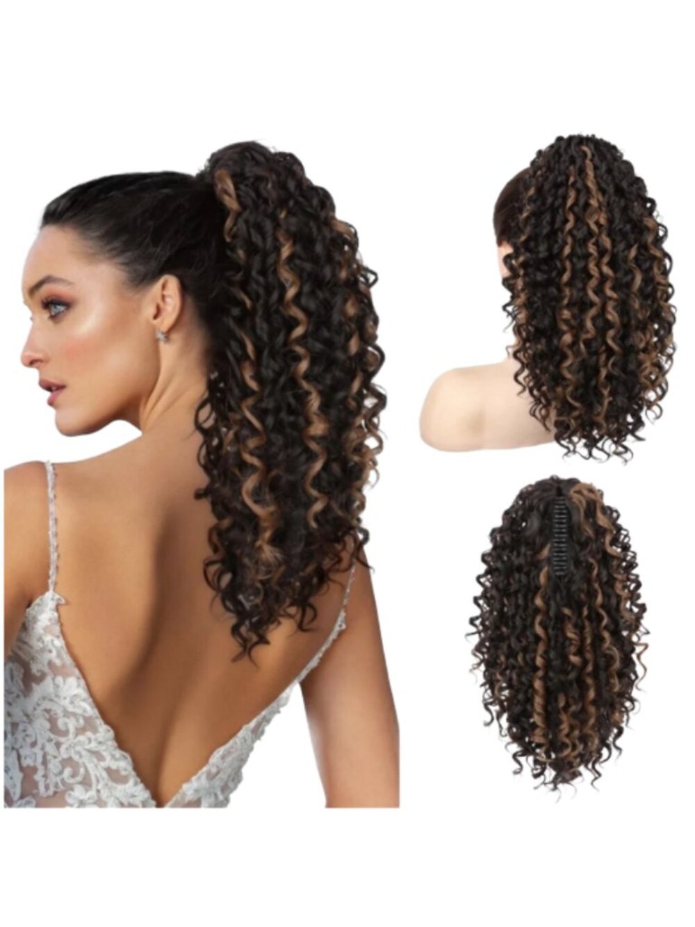 NWT Brown Claw Clip Ponytail |Curly Brown Hair Extension with Highlights‎ | 18”